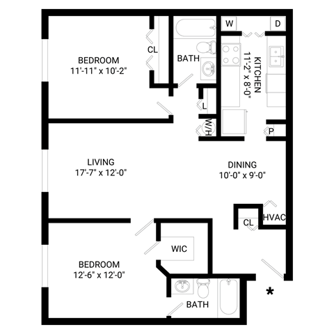 Floor plan for 2 beds, 2 baths, 1030 sqft